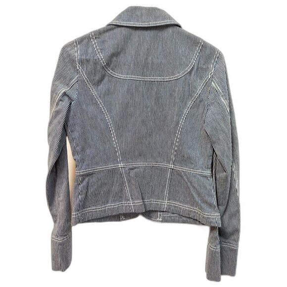 Ann Taylor Loft Striped Denim Jacket Blue White Button Pockets Size 0 - Picture 3 of 3